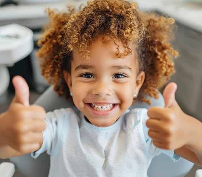 Little girl giving a thumbs up in the dentist’s chair