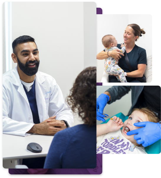 Collage featuring pediatric dentist and two babies